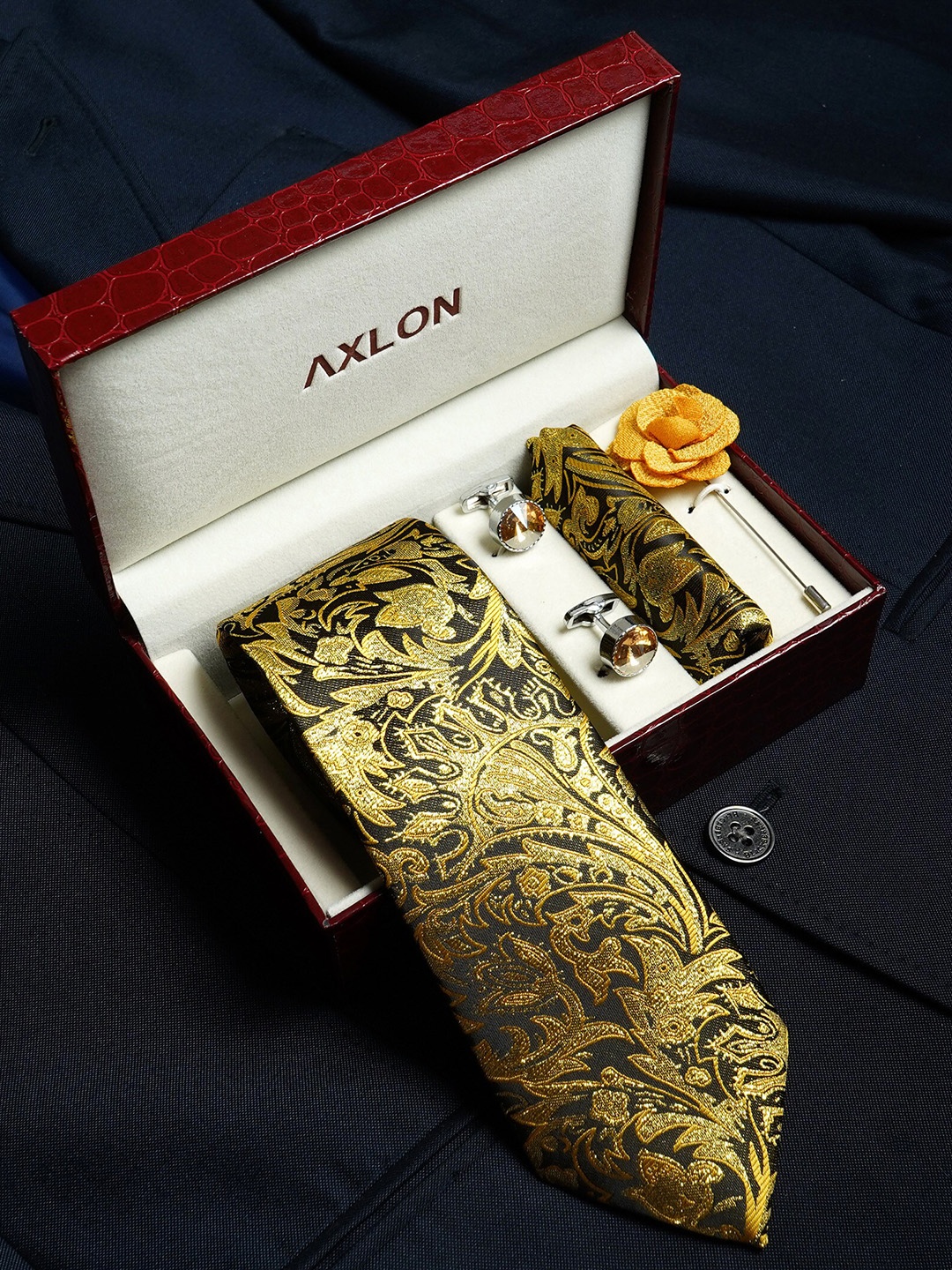 

AXLON Set Of 4 Printed Necktie Pocket Square With Cufflink & Flower Pin Accessory Gift Set, Gold