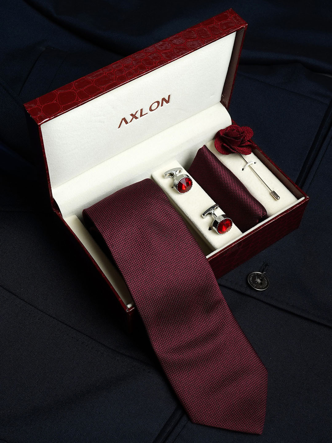 

AXLON Men Printed Tie Set With Pocket Square, Cufflink & Flower Pin, Burgundy