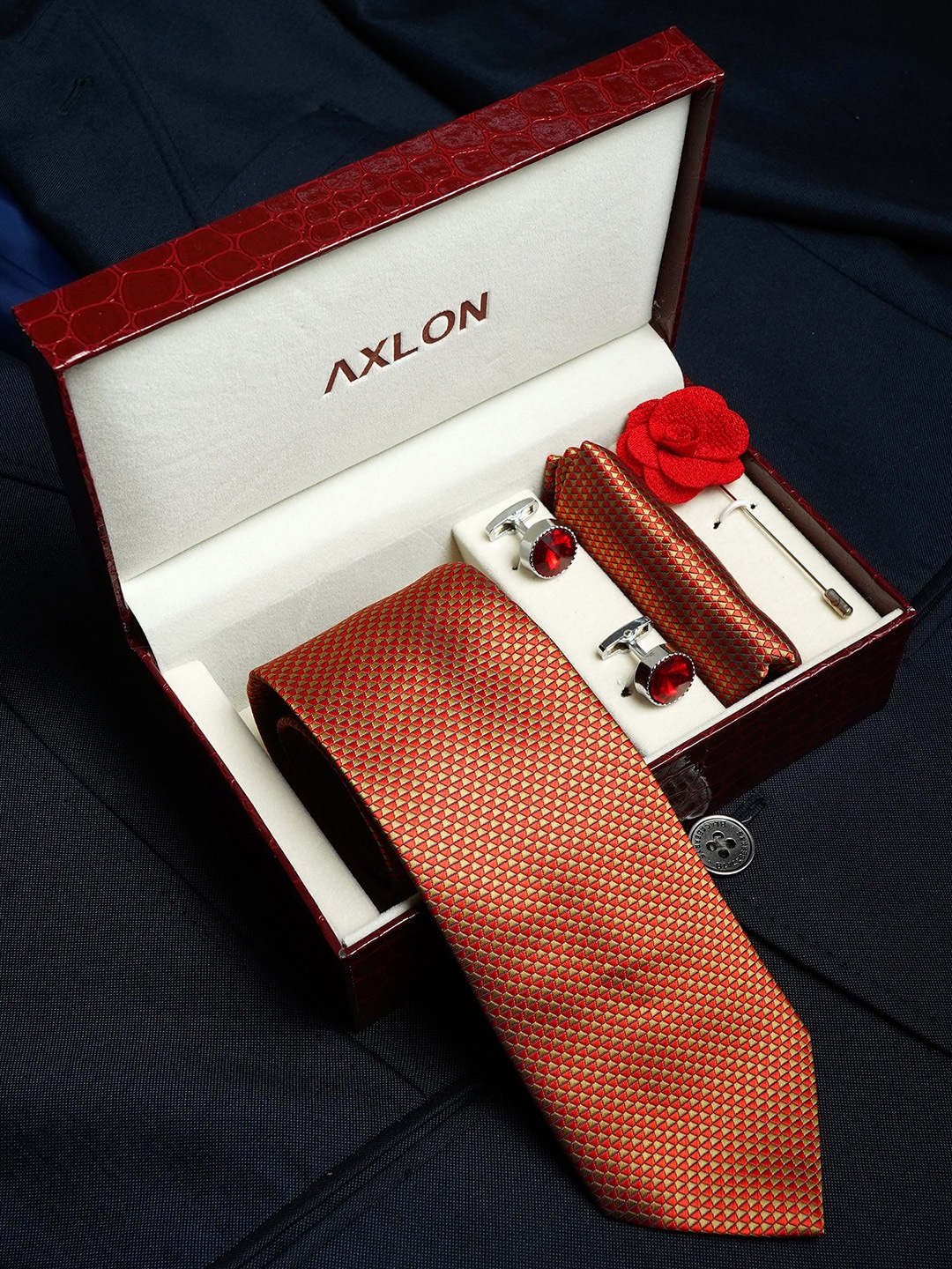 

AXLON Men Geometric Design Tie Set With Pocket Square-Cufflink & Flower Pin, Mustard