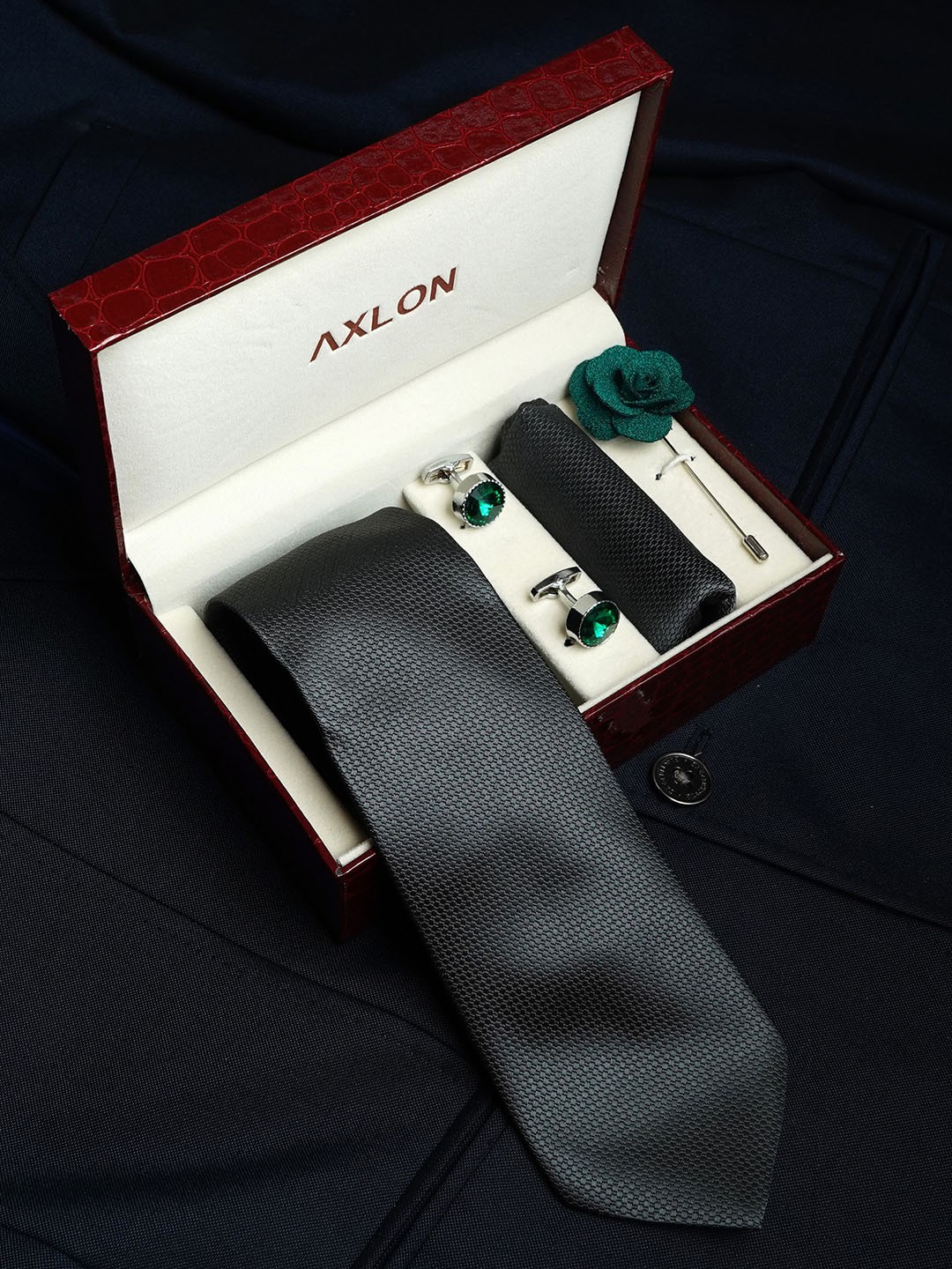 

AXLON Men Micro Dotted Tie Set With Pocket Square Cufflink & Flower Pin Set, Grey