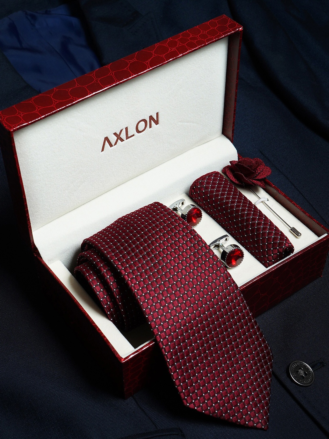 

AXLON Men Printed Tie Set With Pocket Square, Cufflink & Flower Pin, Burgundy