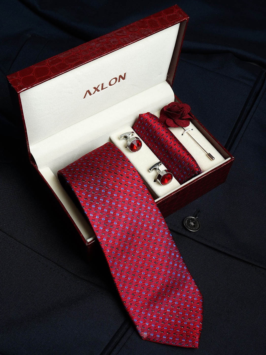 

AXLON Men Micro Dotted Design Tie Set With Pocket Square-Cufflink & Flower Pin, Red
