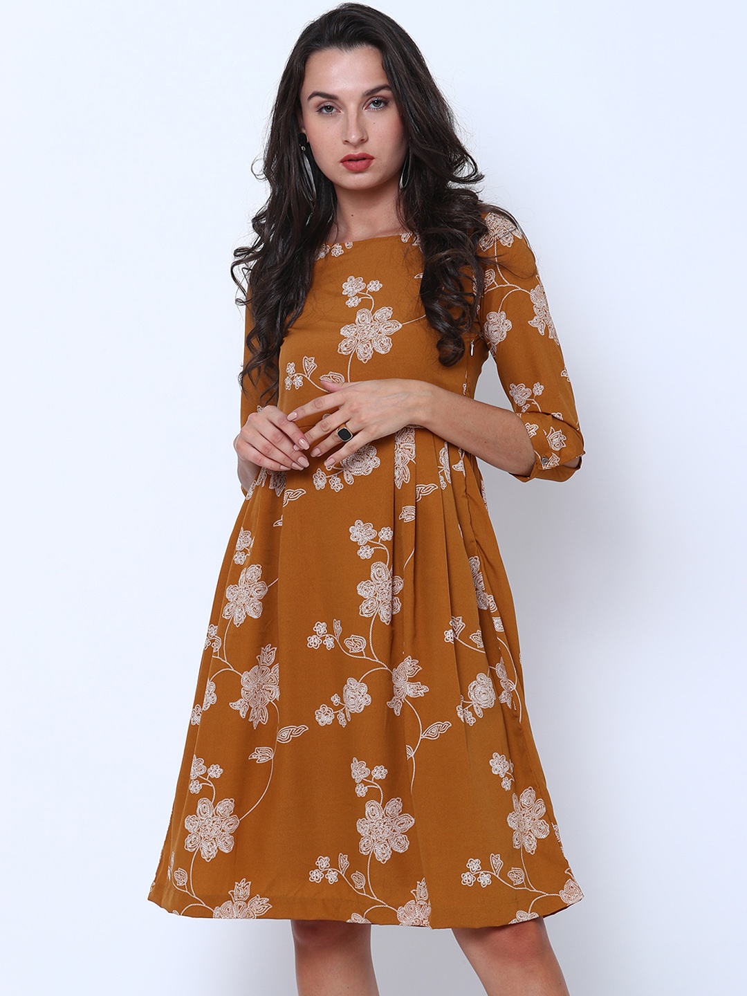 

Tokyo Talkies Women Mustard Printed Fit and Flare Dress