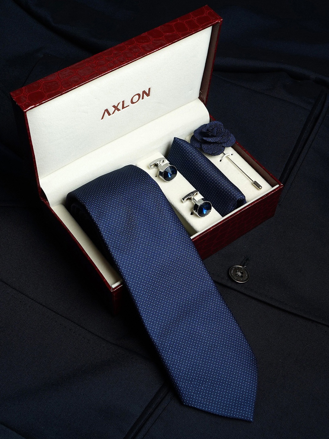 

AXLON Men Printed Tie Set With Pocket Square, Cufflink & Flower Pin, Navy blue