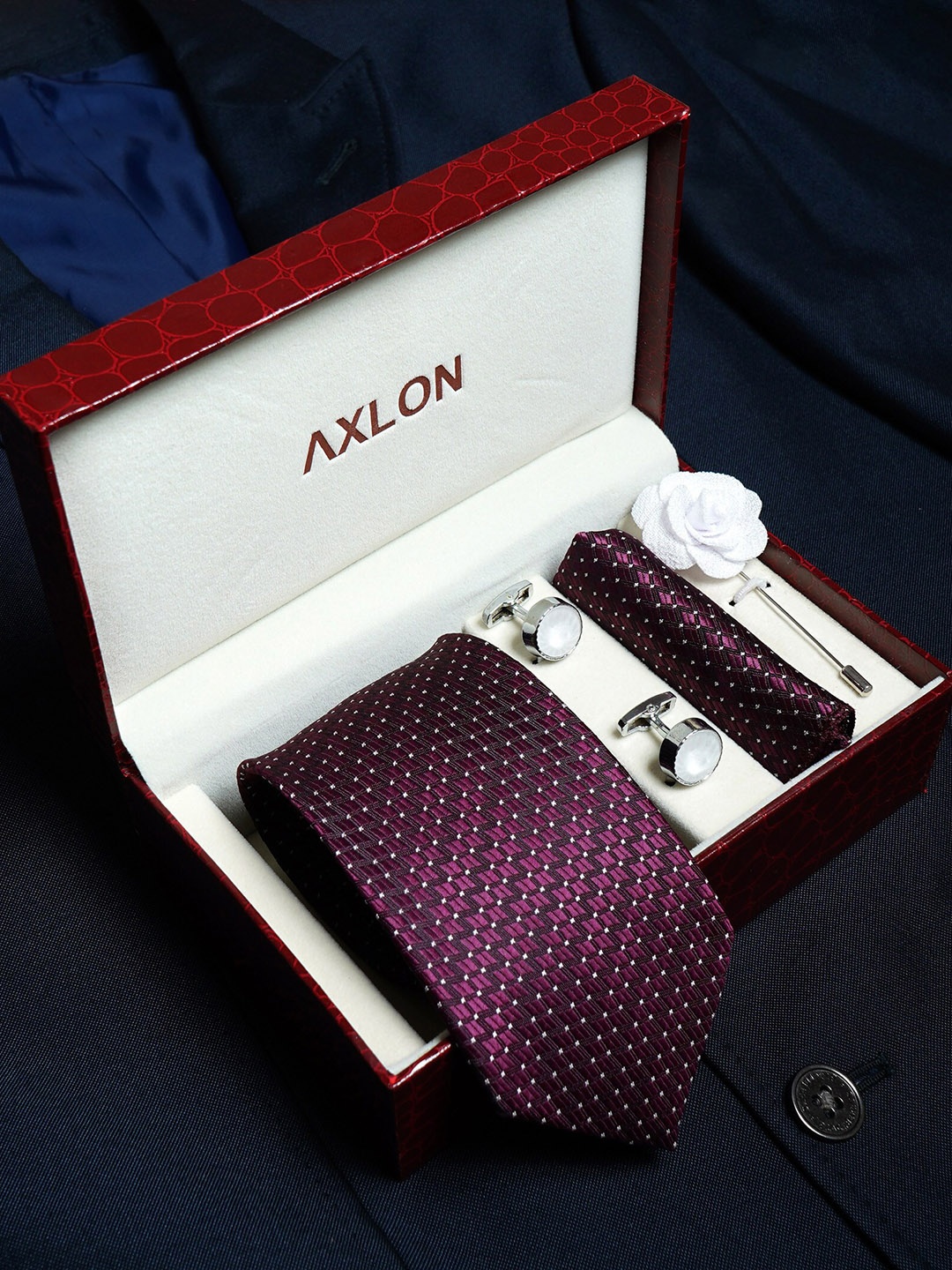 

AXLON Men Micro Ditsy Woven Design Tie With Pocket Square, Cufflink & Flower Pin, Purple