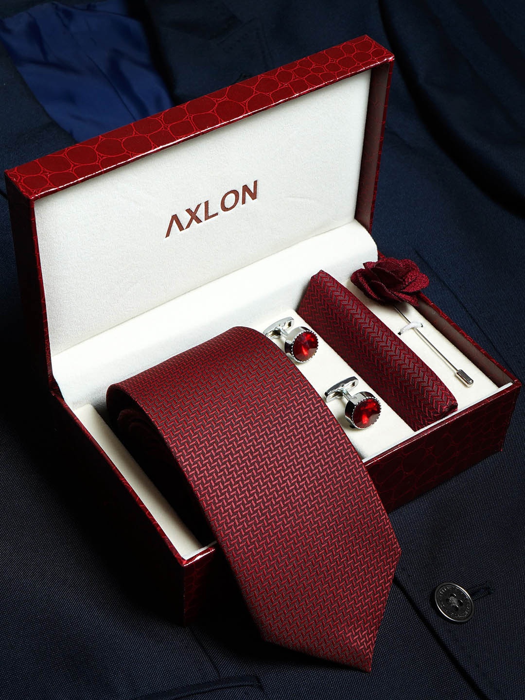 

AXLON Set Of 4 Printed Necktie Pocket Square With Cufflink & Flower Pin Accessory Gift Set, Maroon