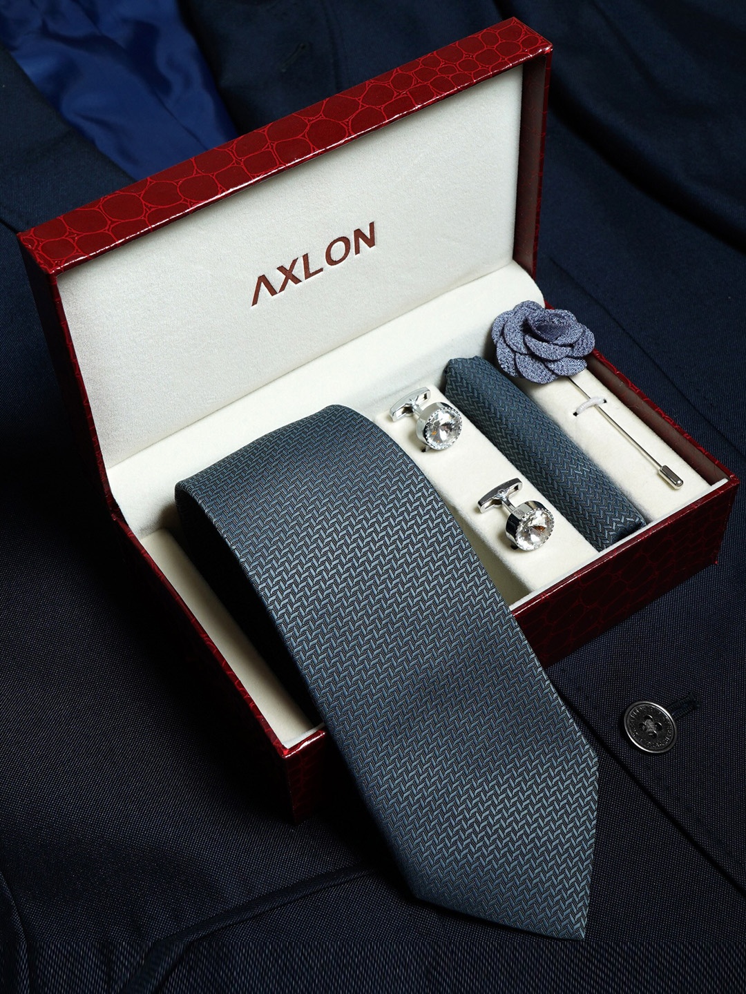 

AXLON Men Printed Tie Set With Pocket Square, Cufflink & Flower Pin, Grey