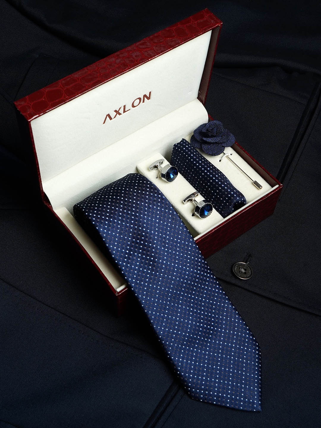 

AXLON Set Of 4 Printed Necktie Pocket Square With Cufflink & Flower Pin Accessory Gift Set, Navy blue