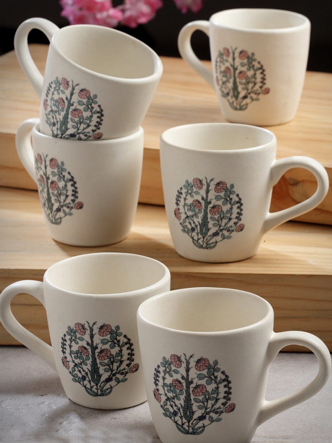 

Arrabi Off White & Pink 6 Pieces Printed Stoneware Matte Cups 220ml