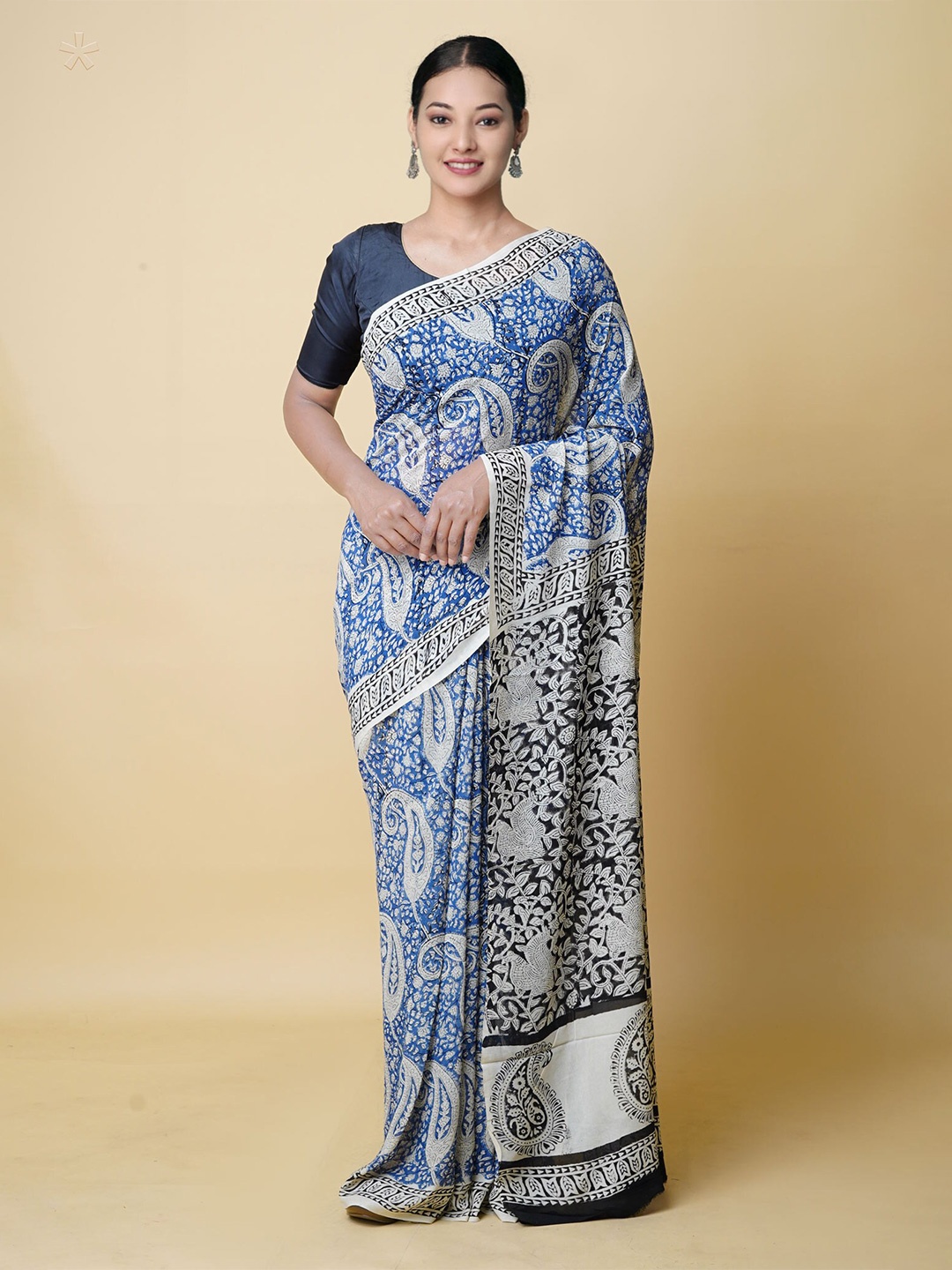 

Unnati Silks Paisley Printed Bagru Saree, Blue