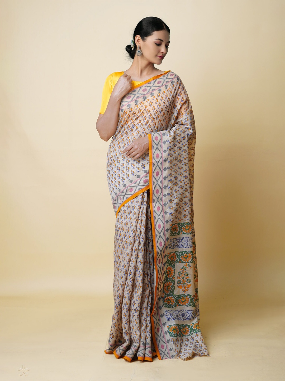 

Unnati Silks Floral Printed Chanderi Saree, Cream