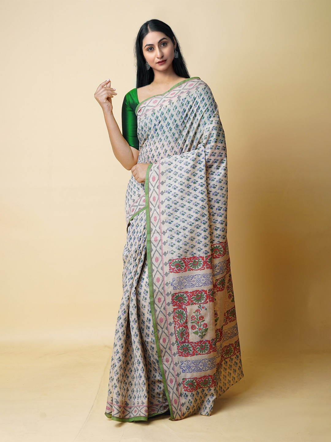 

Unnati Silks Floral Printed Silk Cotton Chanderi Saree, Cream