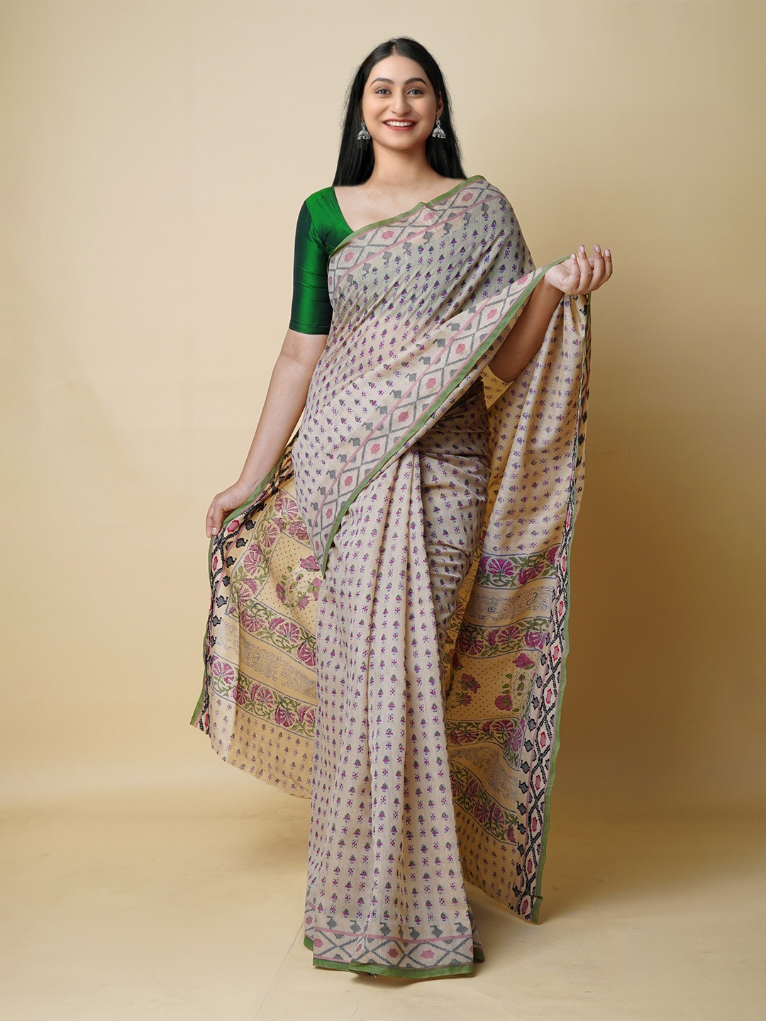

Unnati Silks Floral Printed Silk Cotton Chanderi Saree, Cream