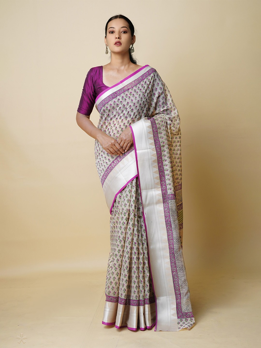 

Unnati Silks Floral Printed Silk Cotton Chanderi Saree, Cream