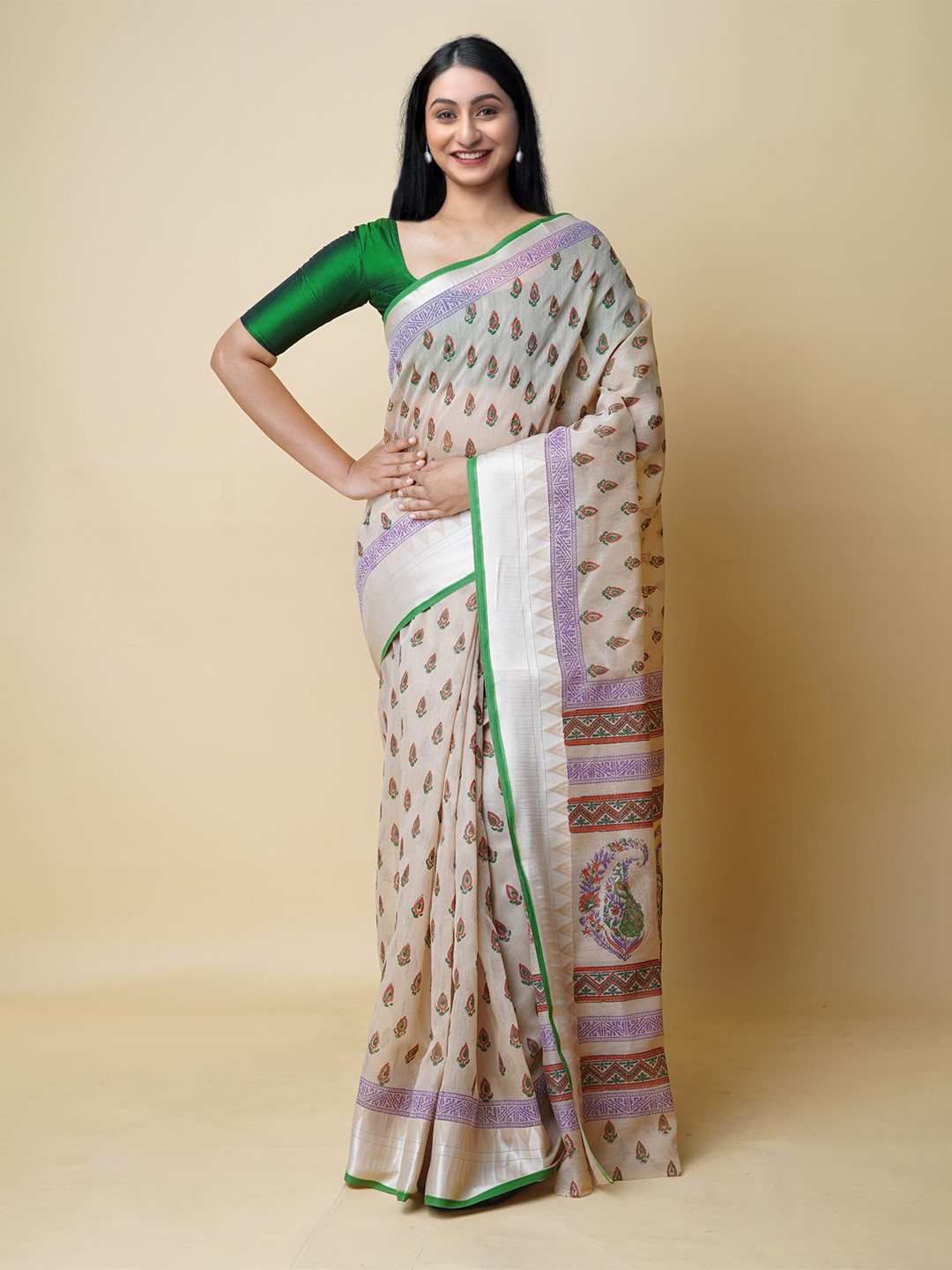 

Unnati Silks Floral Zari Silk Cotton Chanderi Saree, Cream