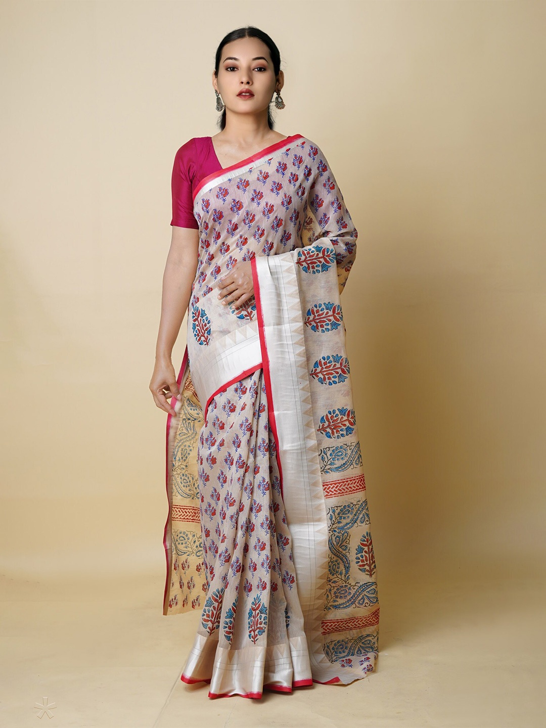 

Unnati Silks Floral Printed Silk Cotton Chanderi Saree, Cream