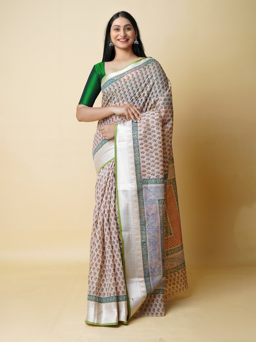 

Unnati Silks Floral Printed Zari Silk Cotton Chanderi Saree, Cream