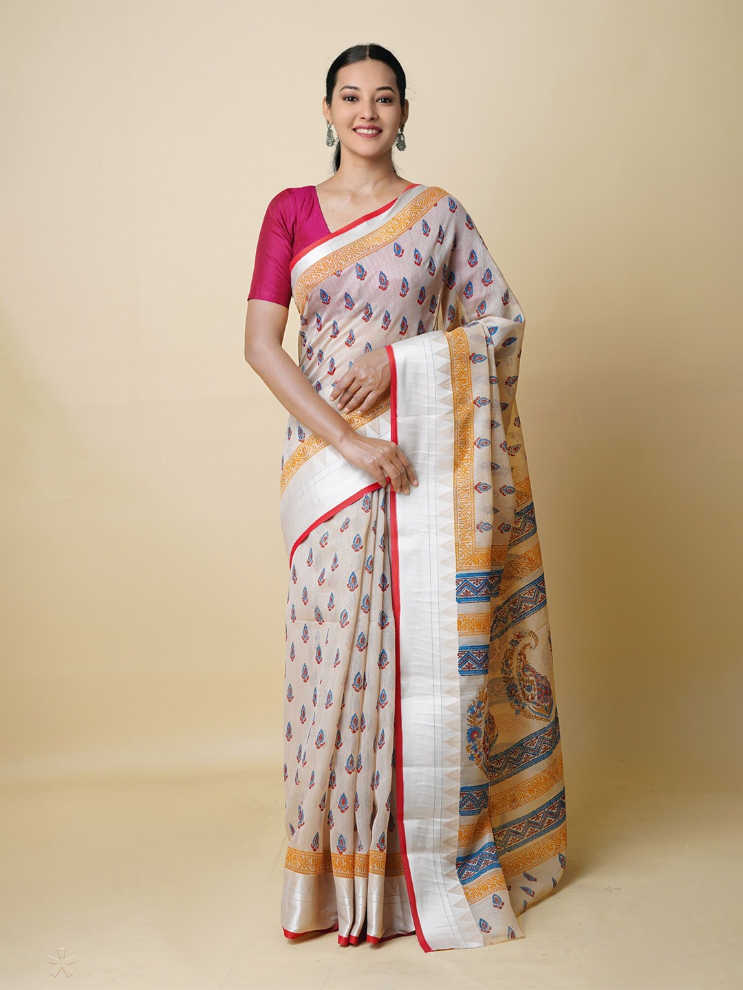 

Unnati Silks Floral Zari Silk Cotton Chanderi Saree, Cream