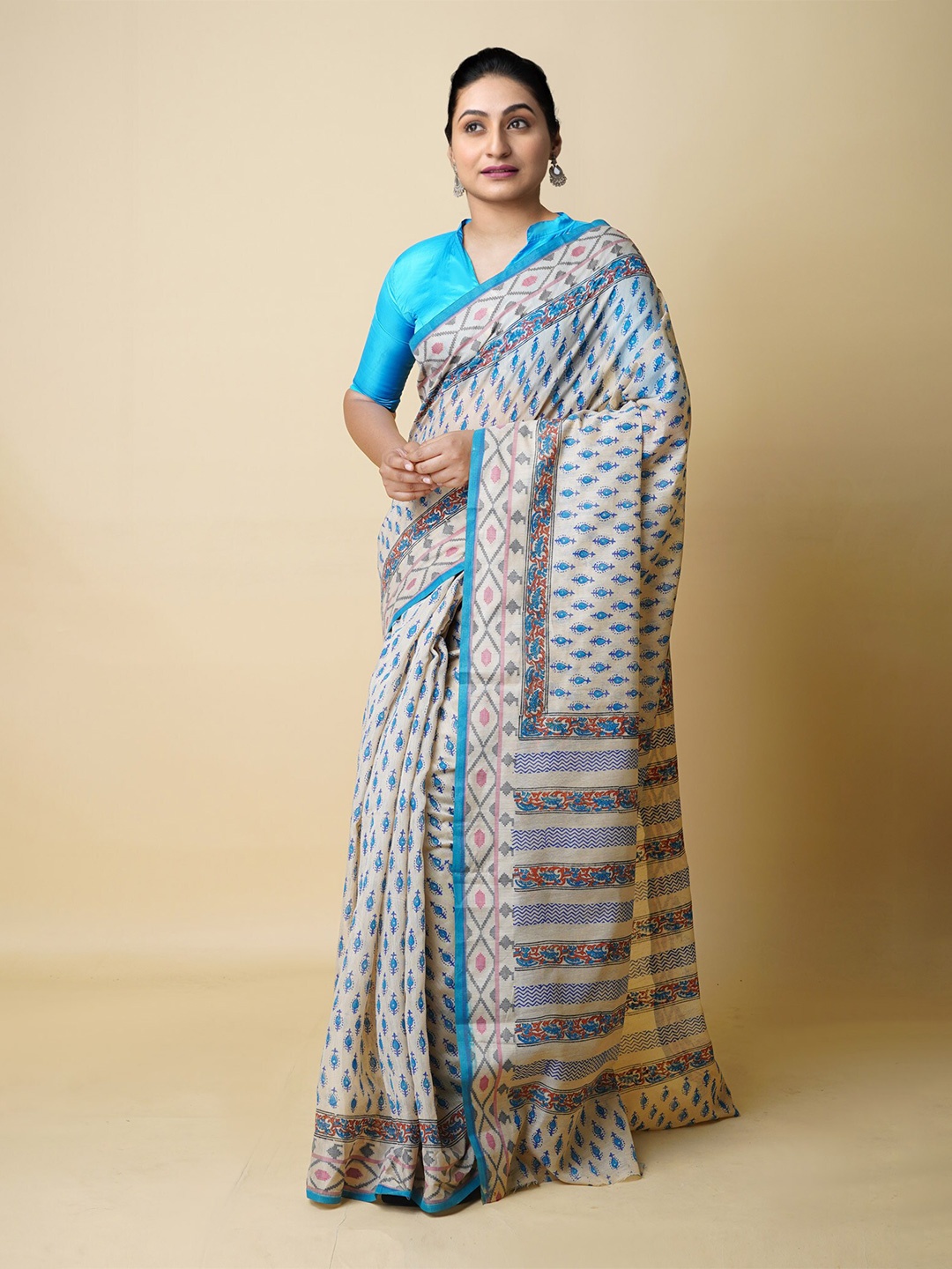 

Unnati Silks Ethnic Motifs Silk Cotton Chanderi Saree, Cream