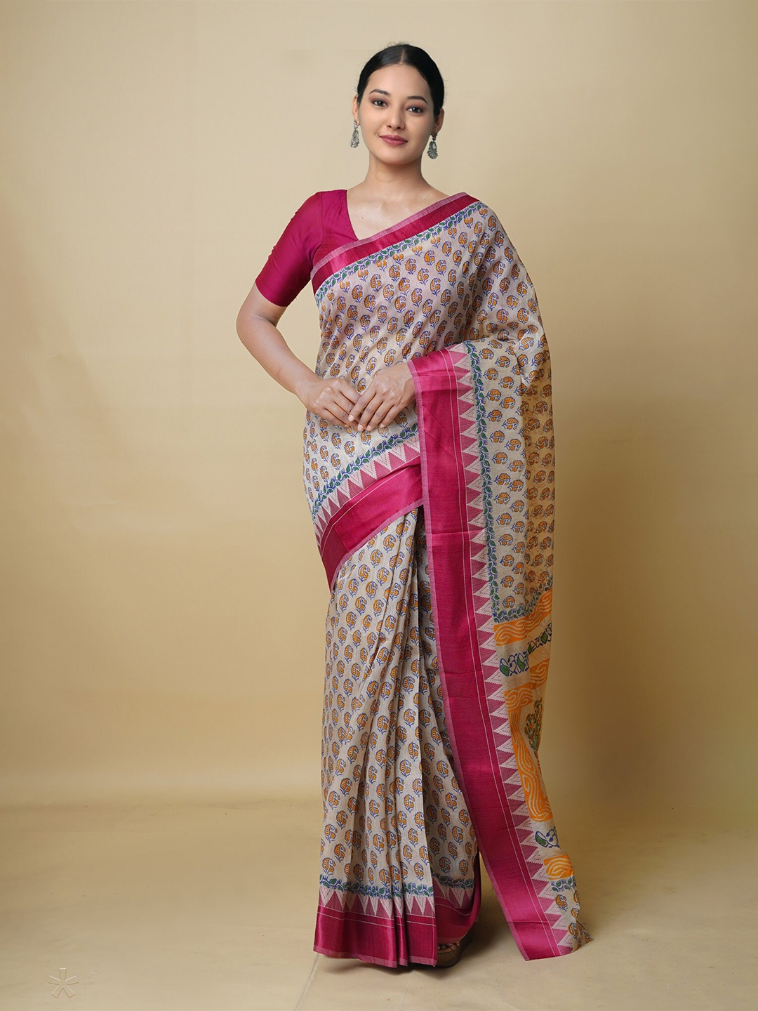 

Unnati Silks Paisley Printed Silk Cotton Chanderi Saree, Cream