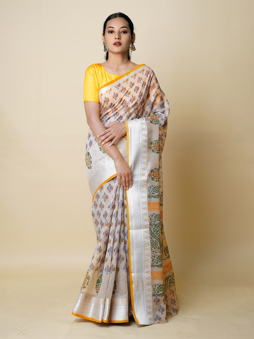 

Unnati Silks Floral Printed Zari Silk Cotton Chanderi Saree, Cream