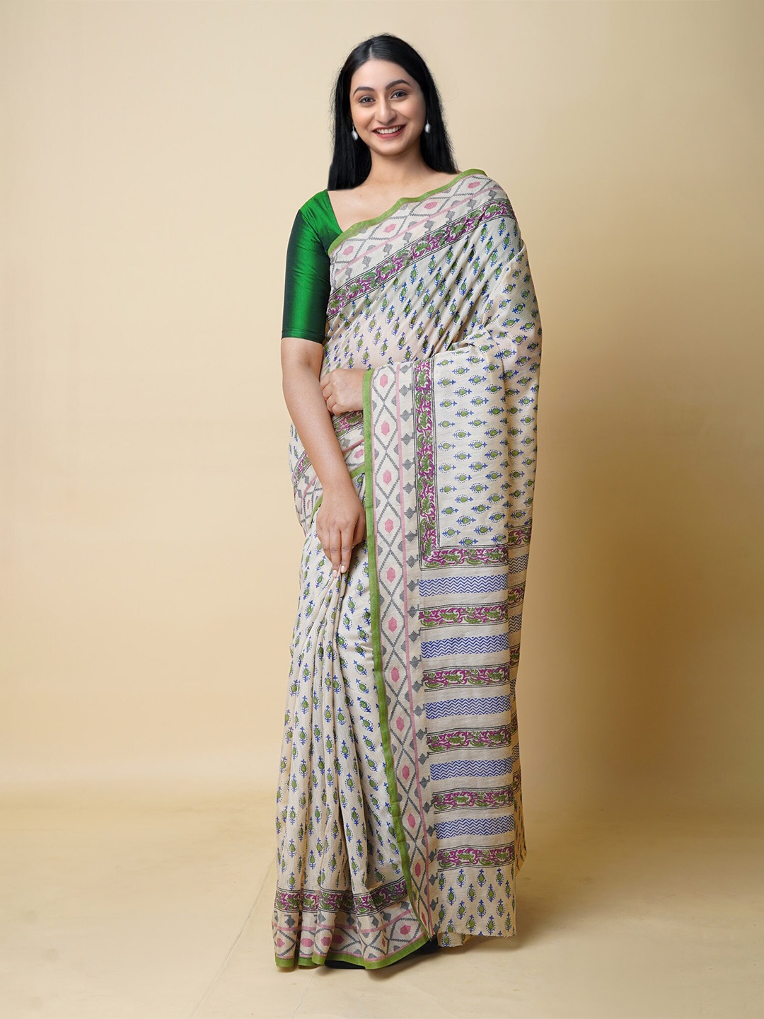 

Unnati Silks Ethnic Motifs Printed Silk Cotton Chanderi Saree, Cream