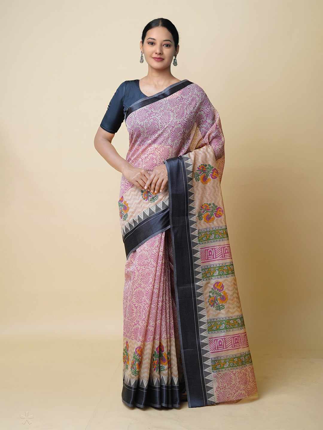 

Unnati Silks Floral Printed Zari Silk Cotton Chanderi Saree, Cream