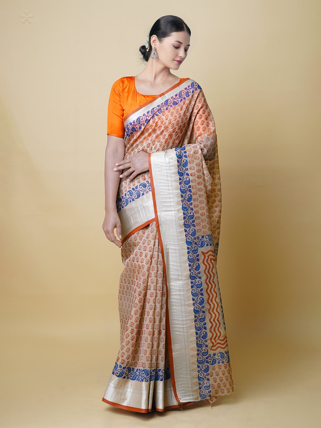 

Unnati Silks Floral Printed Zari Silk Cotton Chanderi Saree, Cream