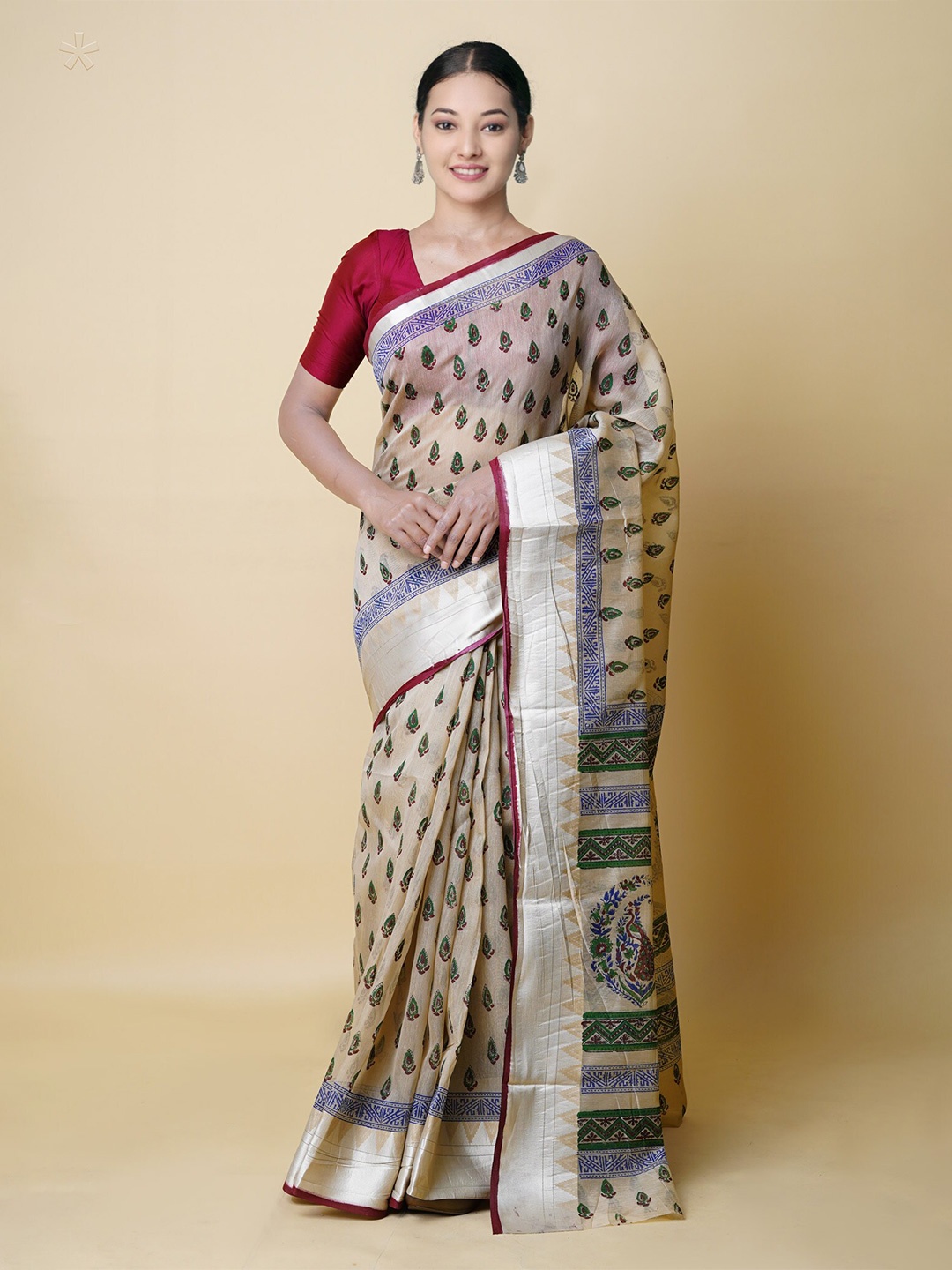 

Unnati Silks Ethnic Motifs Printed Zari Silk Cotton Chanderi Saree, Cream