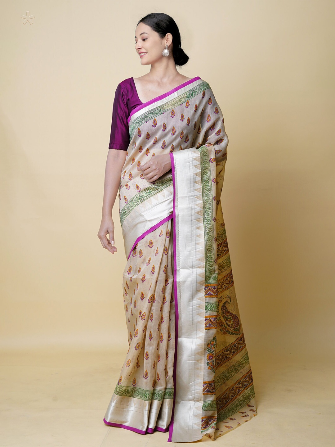 

Unnati Silks Ethnic Motifs Printed Zari Silk Cotton Chanderi Saree, Cream