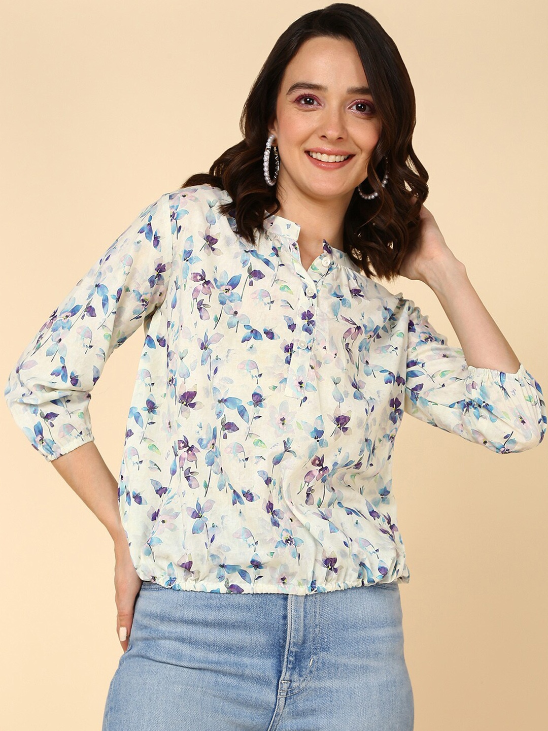 

HERE&NOW Floral Printed Mandarin Collar Shirt Style Top, White