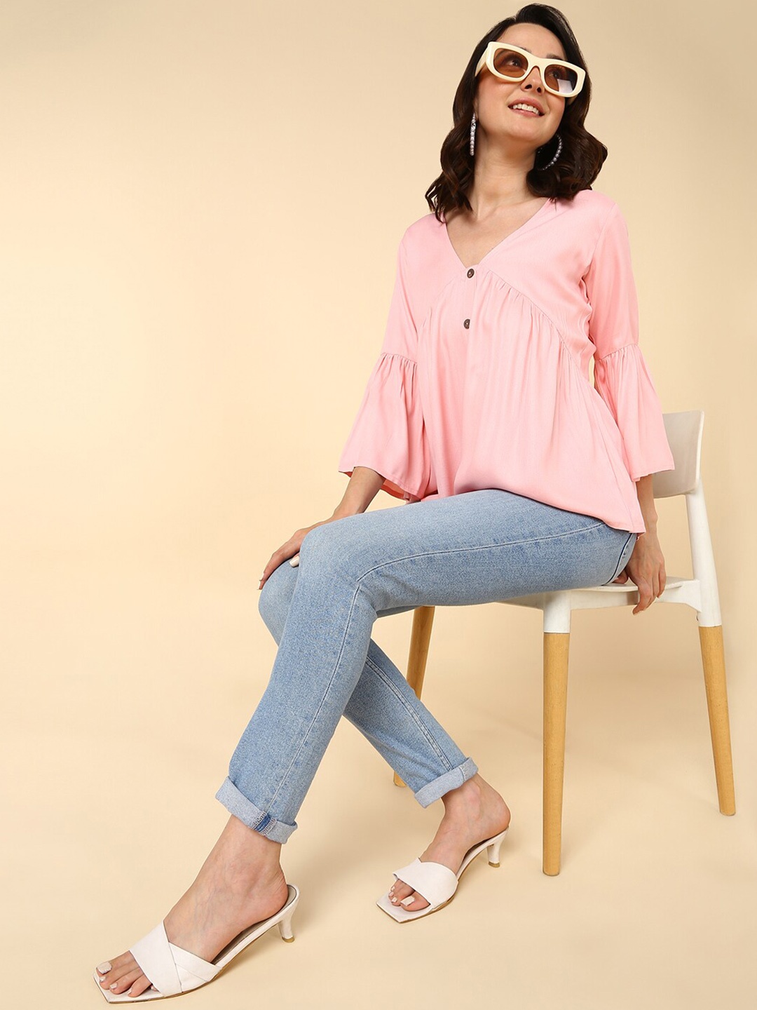 

HERE&NOW V-Neck Bell Sleeve Top, Pink