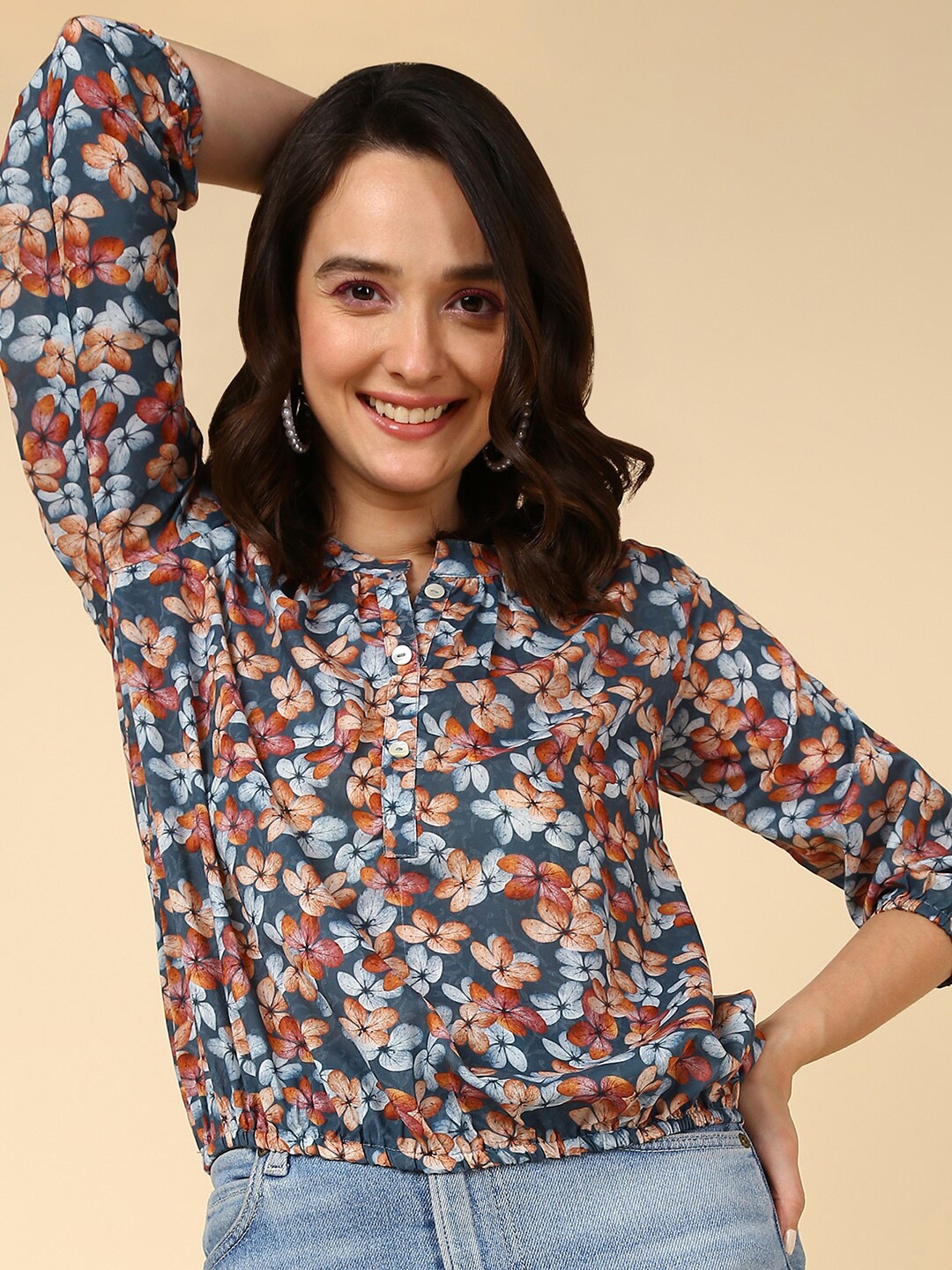 

HERE&NOW Floral Print Bell Sleeve Top, Blue