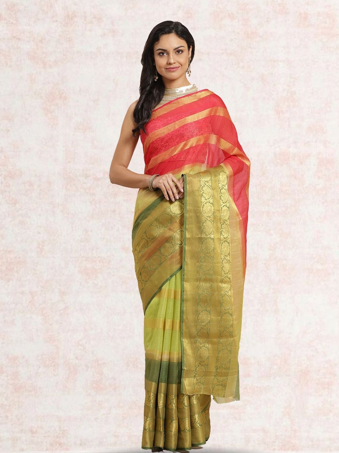 

Geroo Jaipur Ethnic Motifs Woven Design Zari Saree, Green