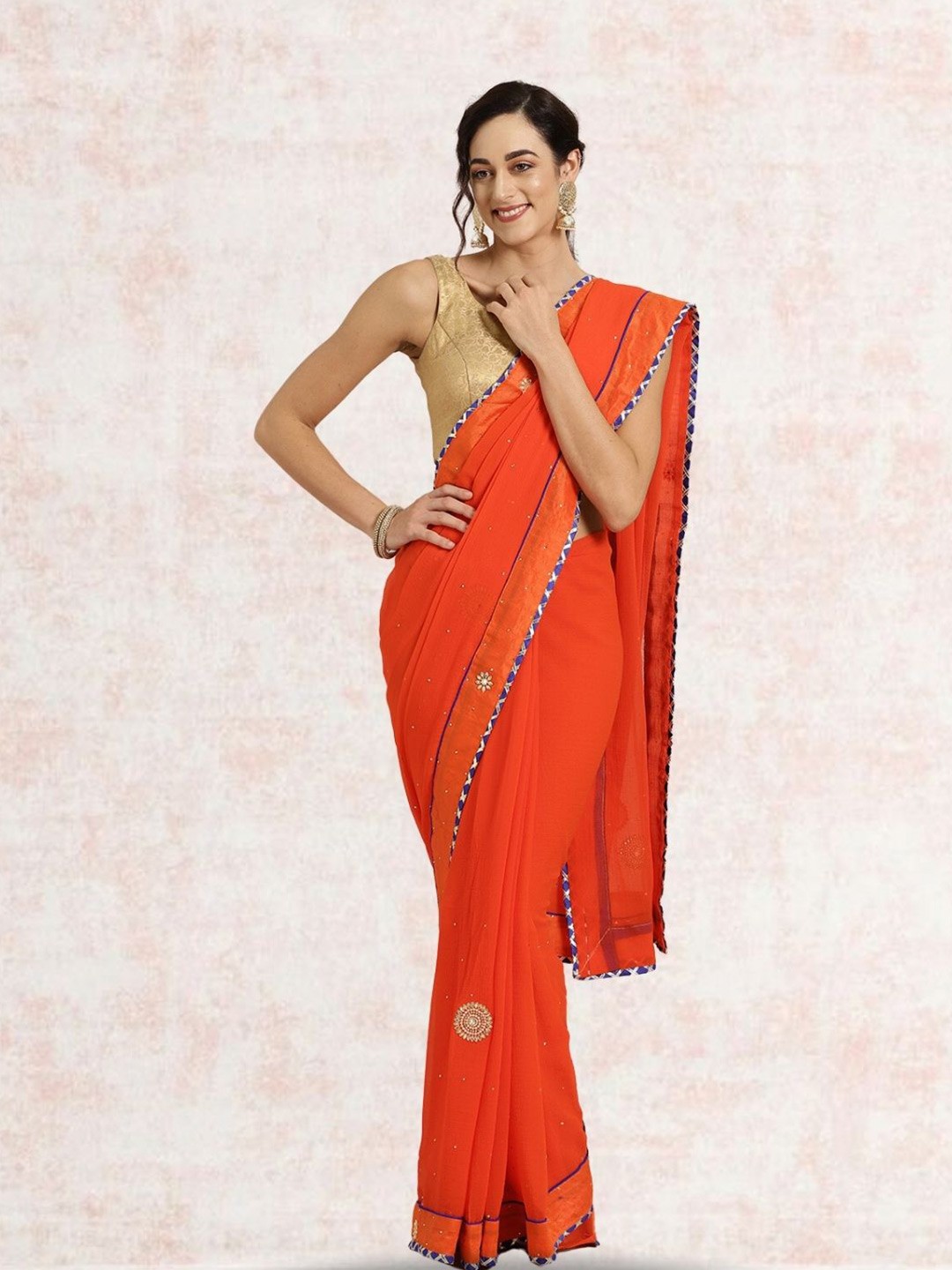 

Geroo Jaipur Embellished Embroidered Poly Crepe Saree, Orange