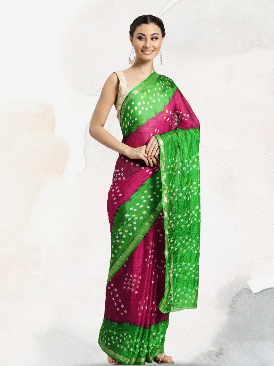 

Geroo Jaipur Zari Art Silk Bandhani Saree, Green