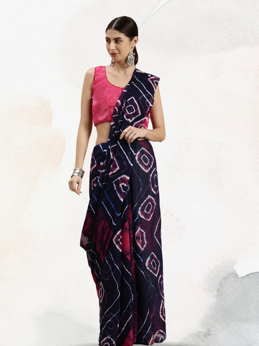 

Geroo Jaipur Leheriya Printed Poly Chiffon Saree, Navy blue