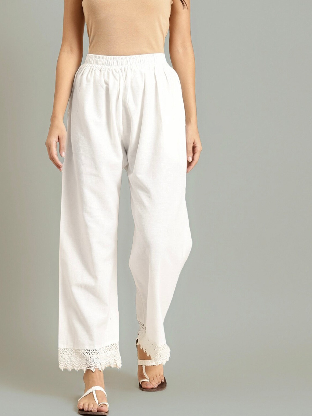 

BCZ Style Floral Bottom Hem Palazzos, White