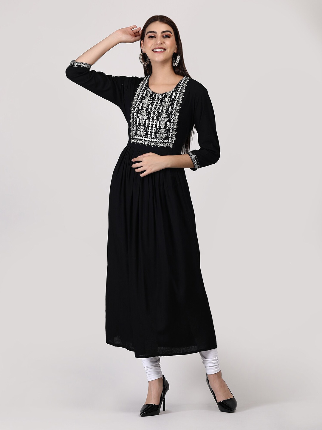 

ADAA JAIPUR Floral Yoke Design Straight Kurta, Black