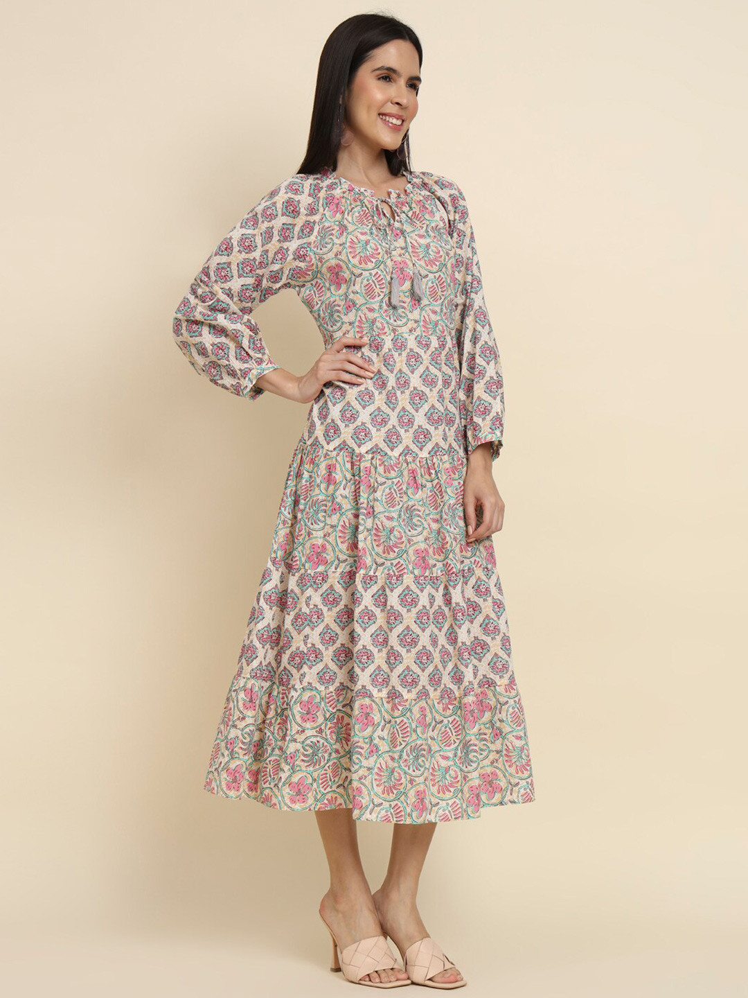 

HERE&NOW Floral Print Flared Sleeve Cotton A-Line Midi Dress, White