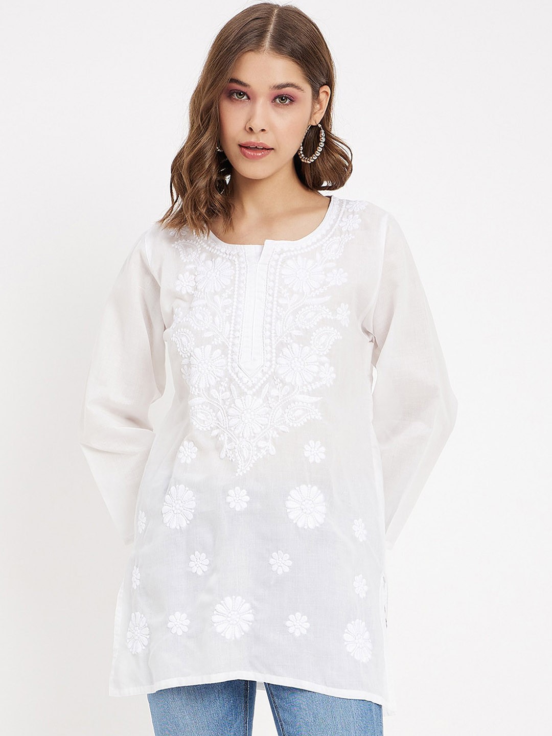 

TULIP 21 Floral Embroidered Pure Cotton Chikankari Kurtis, White