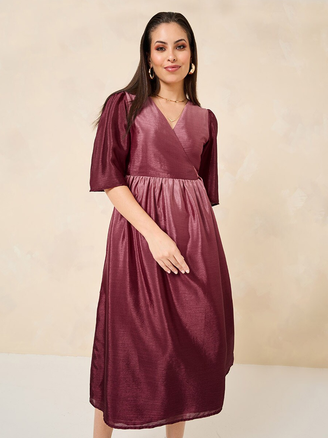 

Styli Ombre Puff Sleeves Wrap Dress, Maroon
