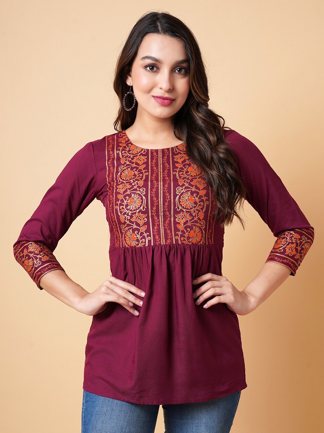 

DAEVISH Ethnic Motifs Printed Regular Top, Maroon