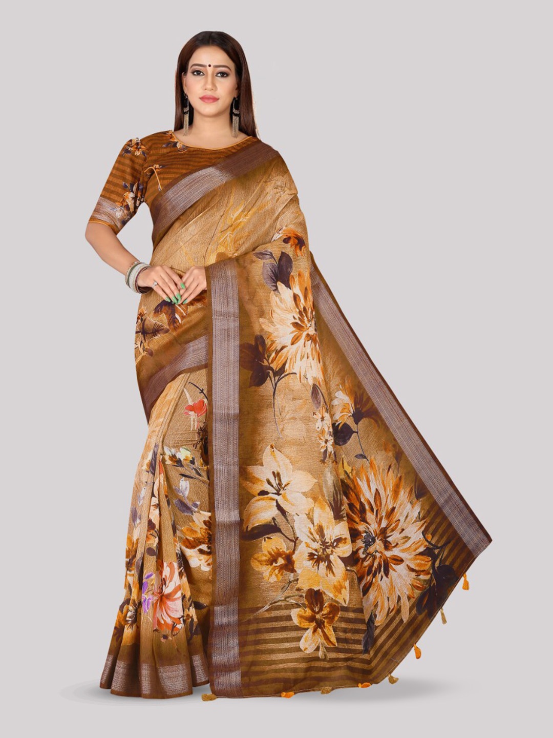 

Kaizen TEXO FAB Floral Printed Zari Tussar Saree, Brown