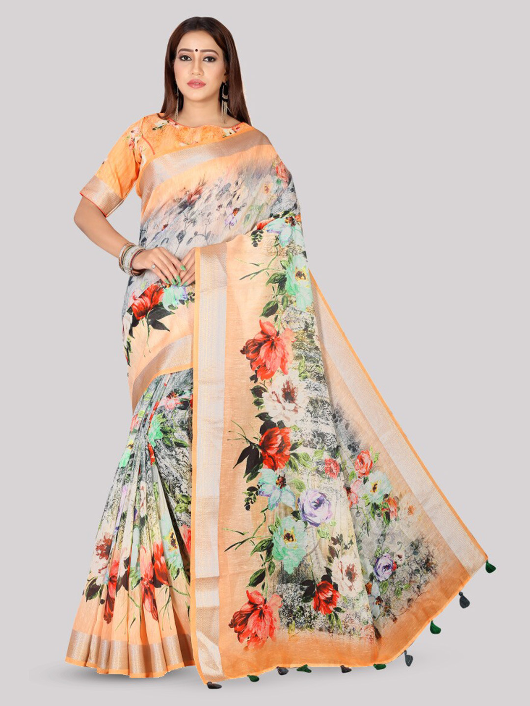 

Kaizen TEXO FAB Floral Printed Zari Saree, Green