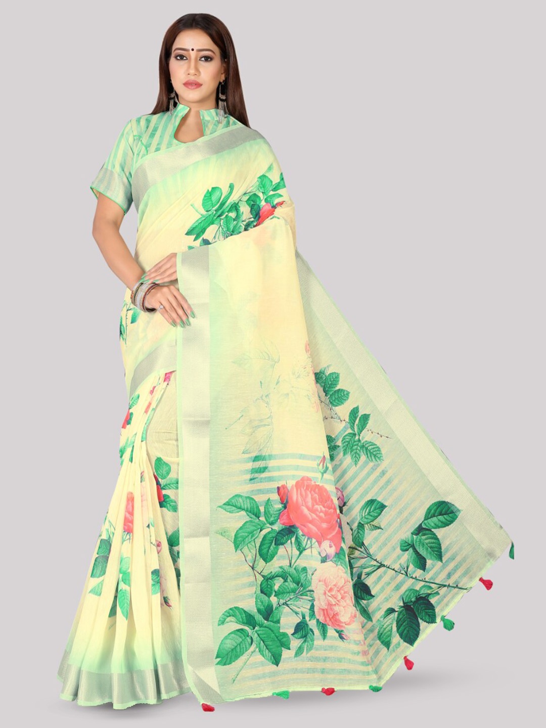 

Kaizen TEXO FAB Floral Printed Zari Tussar Saree, Green