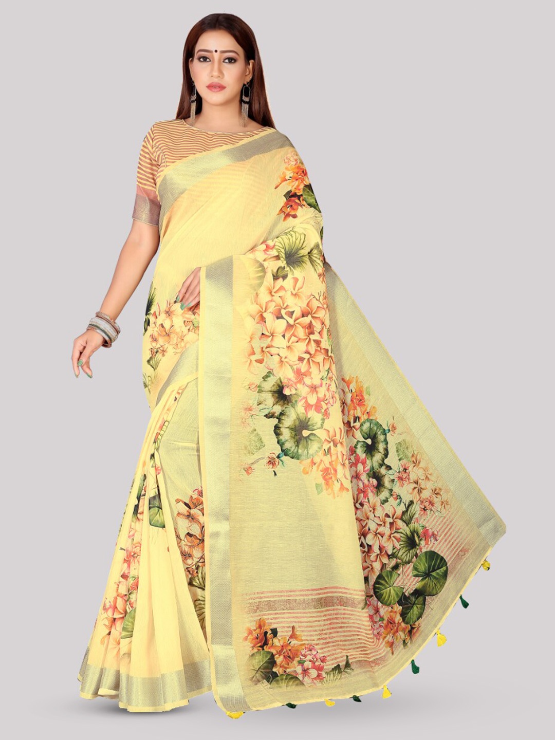 

Kaizen TEXO FAB Floral Printed Zari Tussar Saree, Yellow