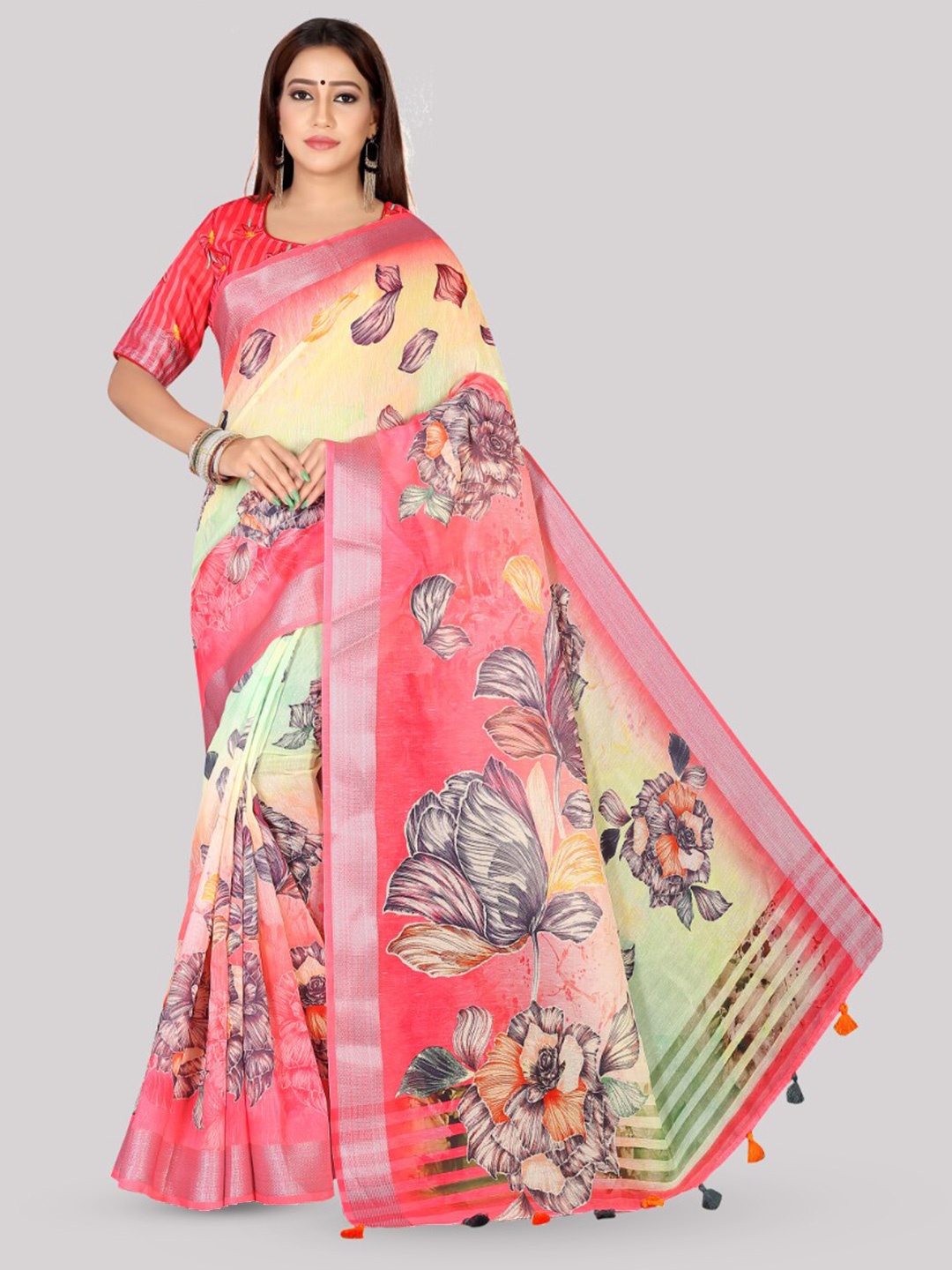 

Kaizen TEXO FAB Floral Printed Zari Saree, Lime green