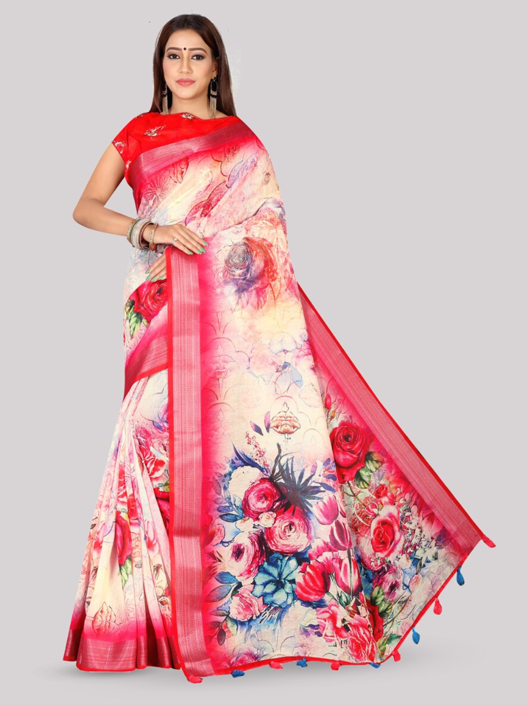 

Kaizen TEXO FAB Floral Printed Tussar Saree, Red