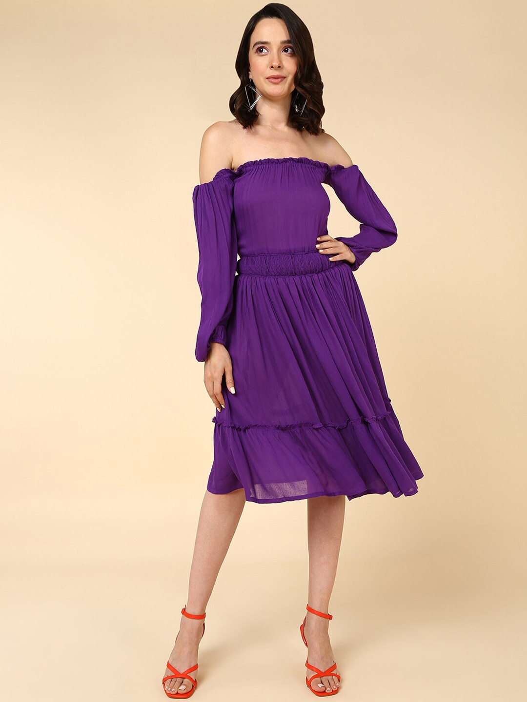 

MALHAAR Off Shoulder Gathered Or Pleated A Line Dress, Purple
